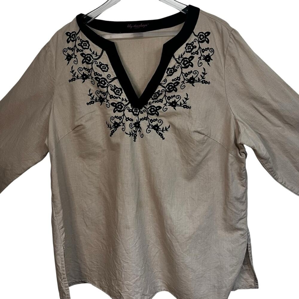 Boho Embroidered Linen Tunic Top 2X | Neutral & Black Floral | Plus Size